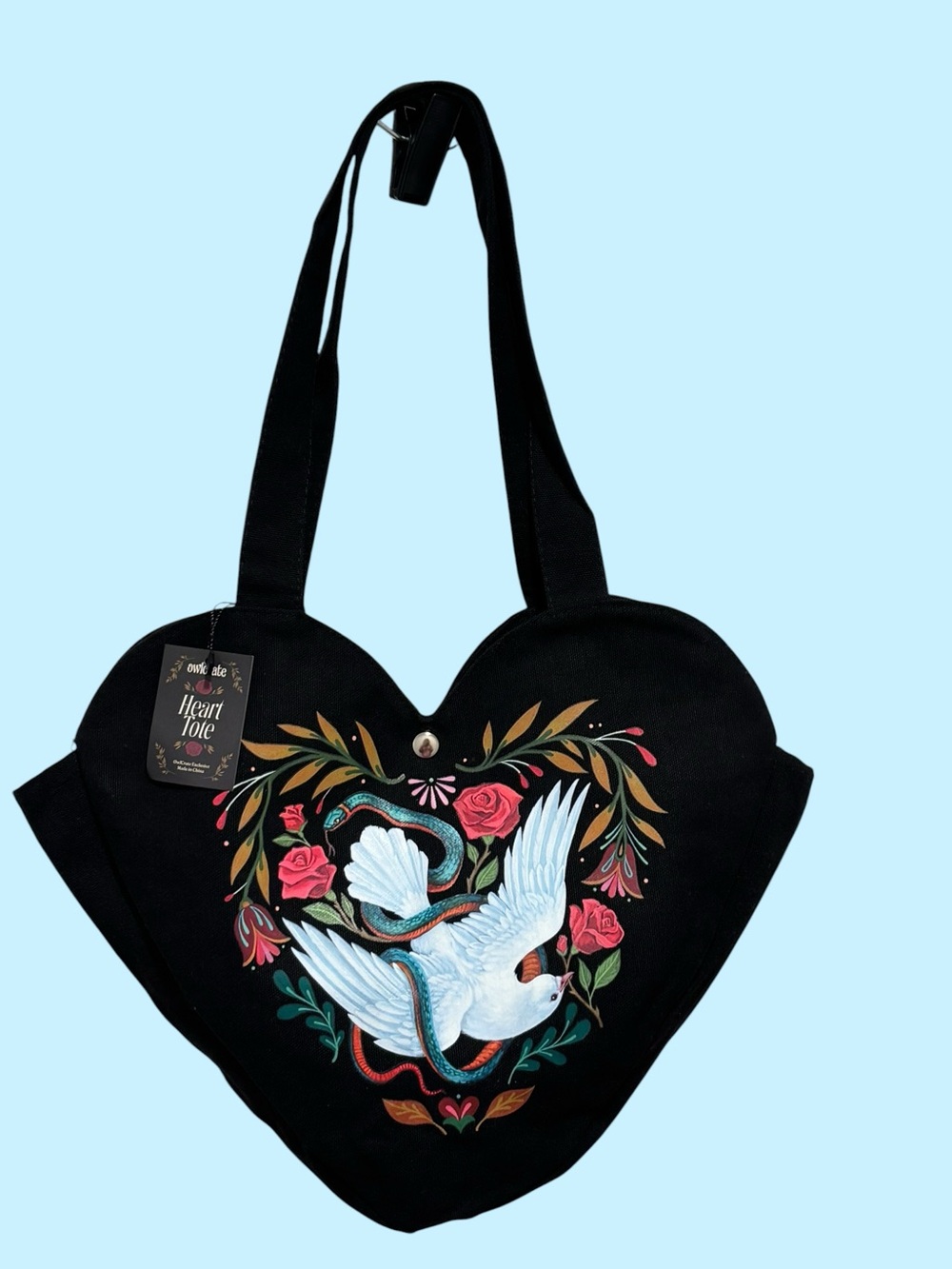 Black Heart Tote with Dove & Floral Heart Motif